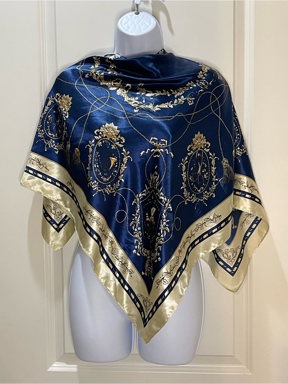 Silky Satin Navy and Gold Baroque Carriage Print Scarf 34x34